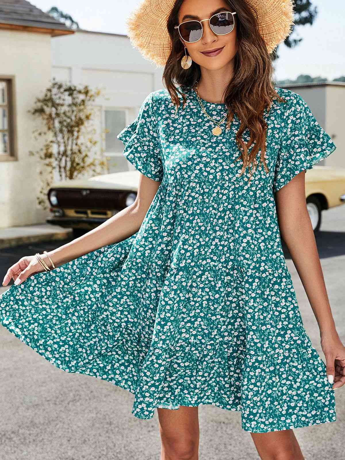 Flounce Sleeve Short Tiered Dress