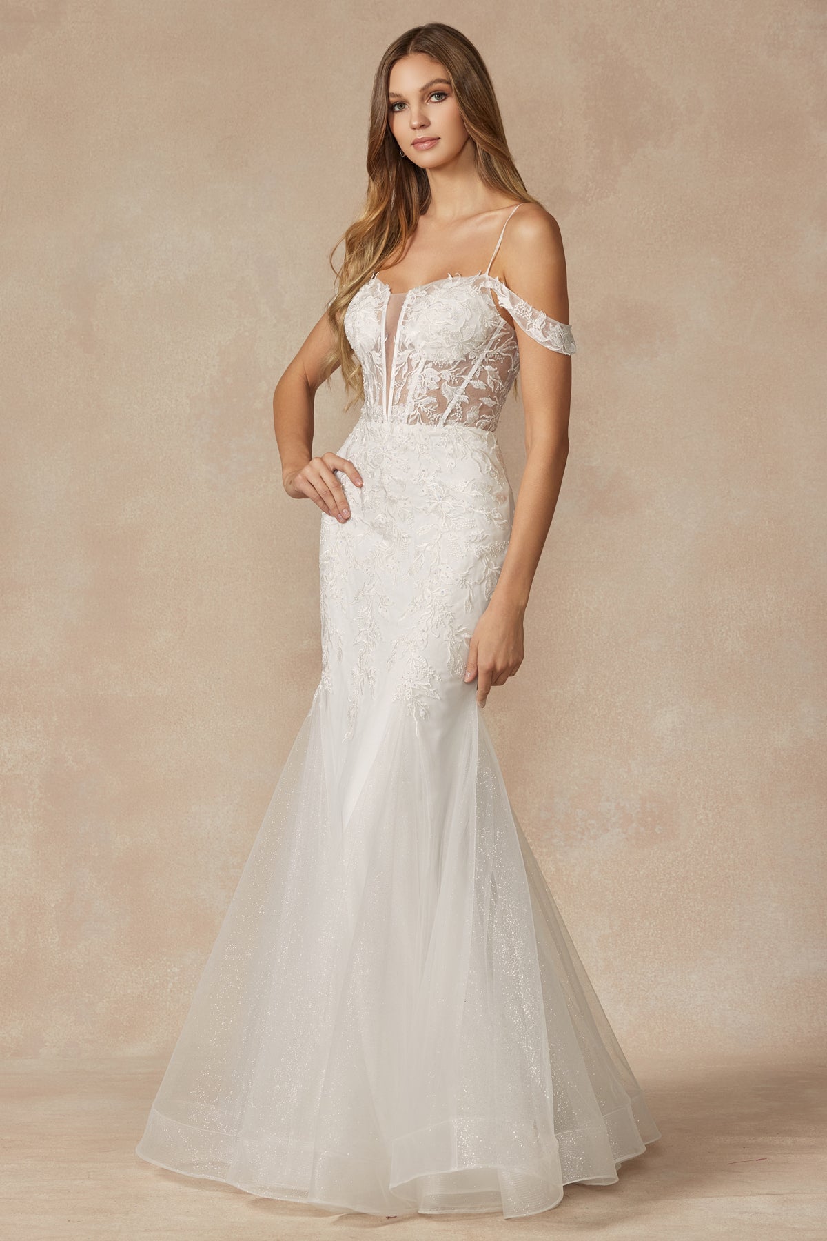 Leaf Lace Embroidered Fitted Plunging Deep V-Neck Long Wedding Dress JT290W_1