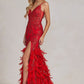 Embellished Feather Skirt V-Neck Open V-Back Side Slit Long Prom Dress NXC1119_22