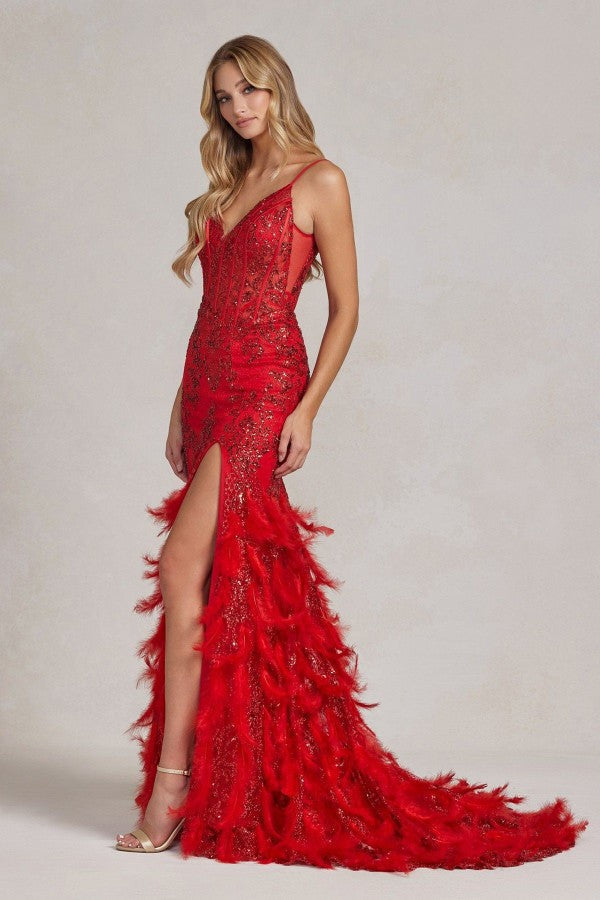 Embellished Feather Skirt V-Neck Open V-Back Side Slit Long Prom Dress NXC1119_22