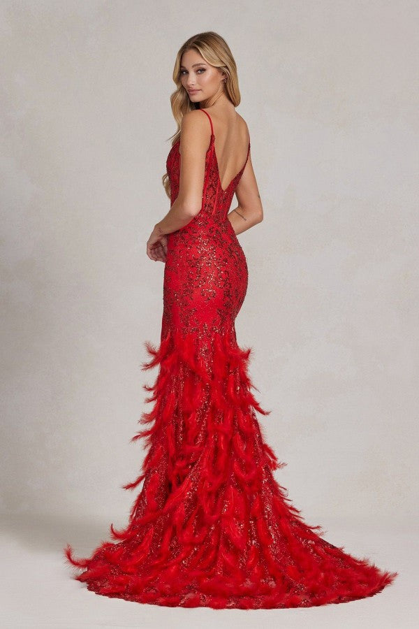 Embellished Feather Skirt V-Neck Open V-Back Side Slit Long Prom Dress NXC1119_21