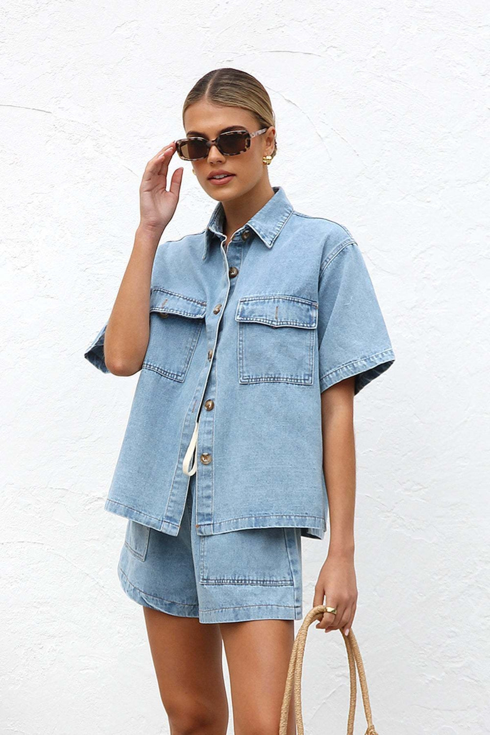 Collared Neck Button Up Top and Shorts Denim Set