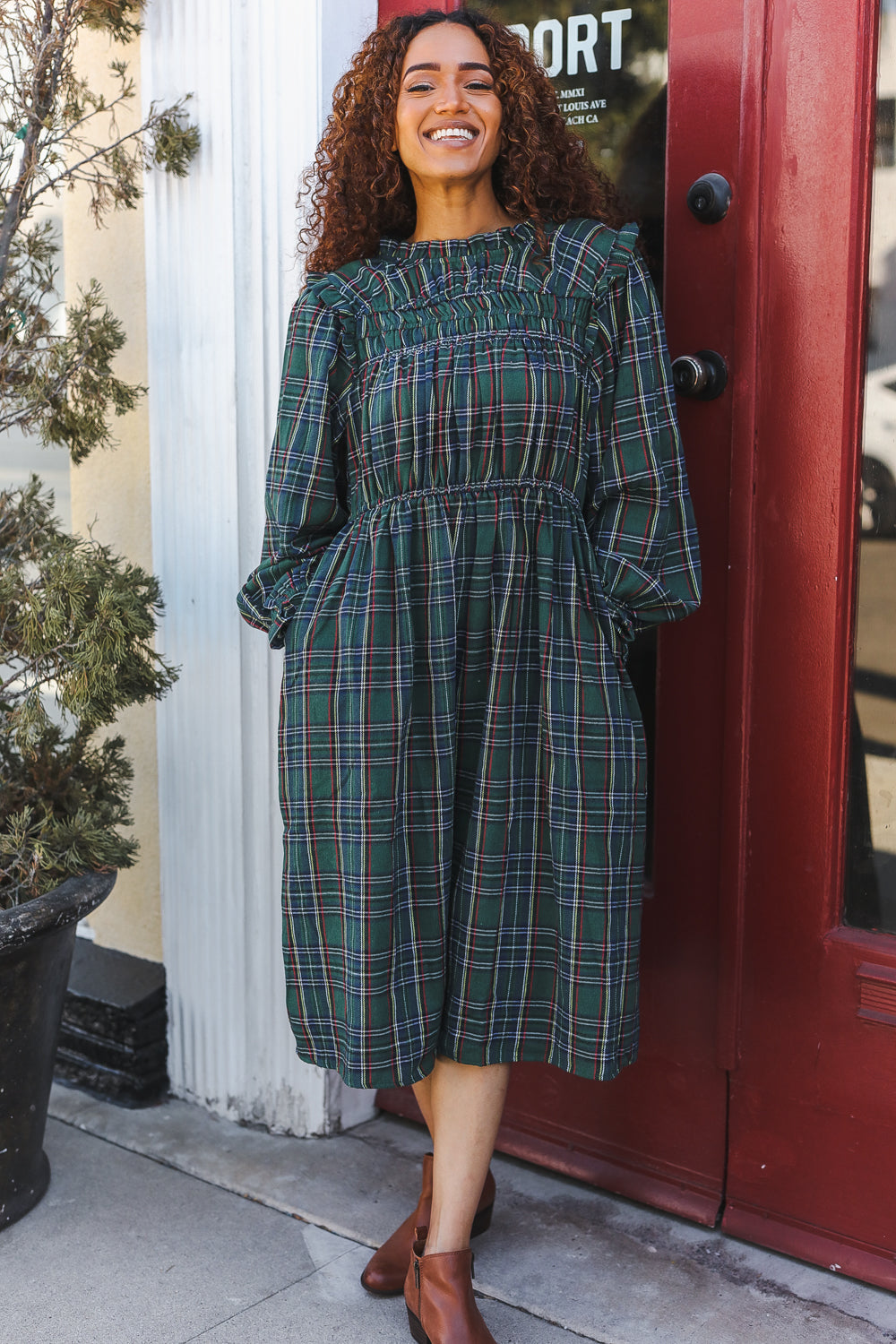 All I Want Hunter Green Plaid Check Woven Pocketed Dress