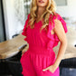 Feeling Femme' Fuchsia Smocked Waist V Neck Flutter Sleeve Romper