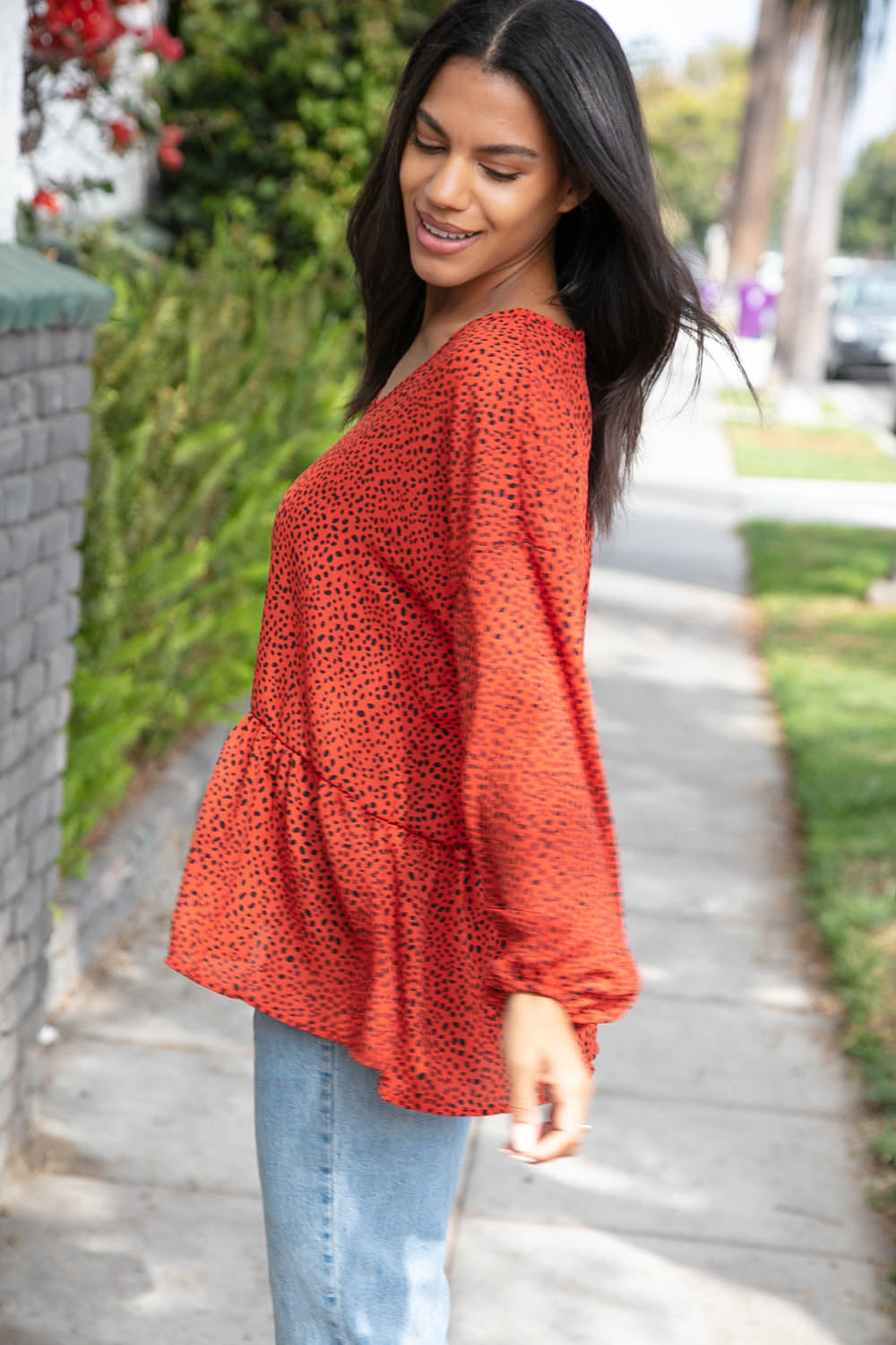 Rust Leopard Wool Dobby Woven Knit Top