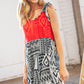 Red/Black Aztec Shoulder Tie Knot Tiered Dress