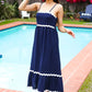 Bold & Sassy Navy Square Neck Ric Rac Trim Adjustable Straps Maxi