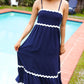 Bold & Sassy Navy Square Neck Ric Rac Trim Adjustable Straps Maxi