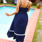 Bold & Sassy Navy Square Neck Ric Rac Trim Adjustable Straps Maxi