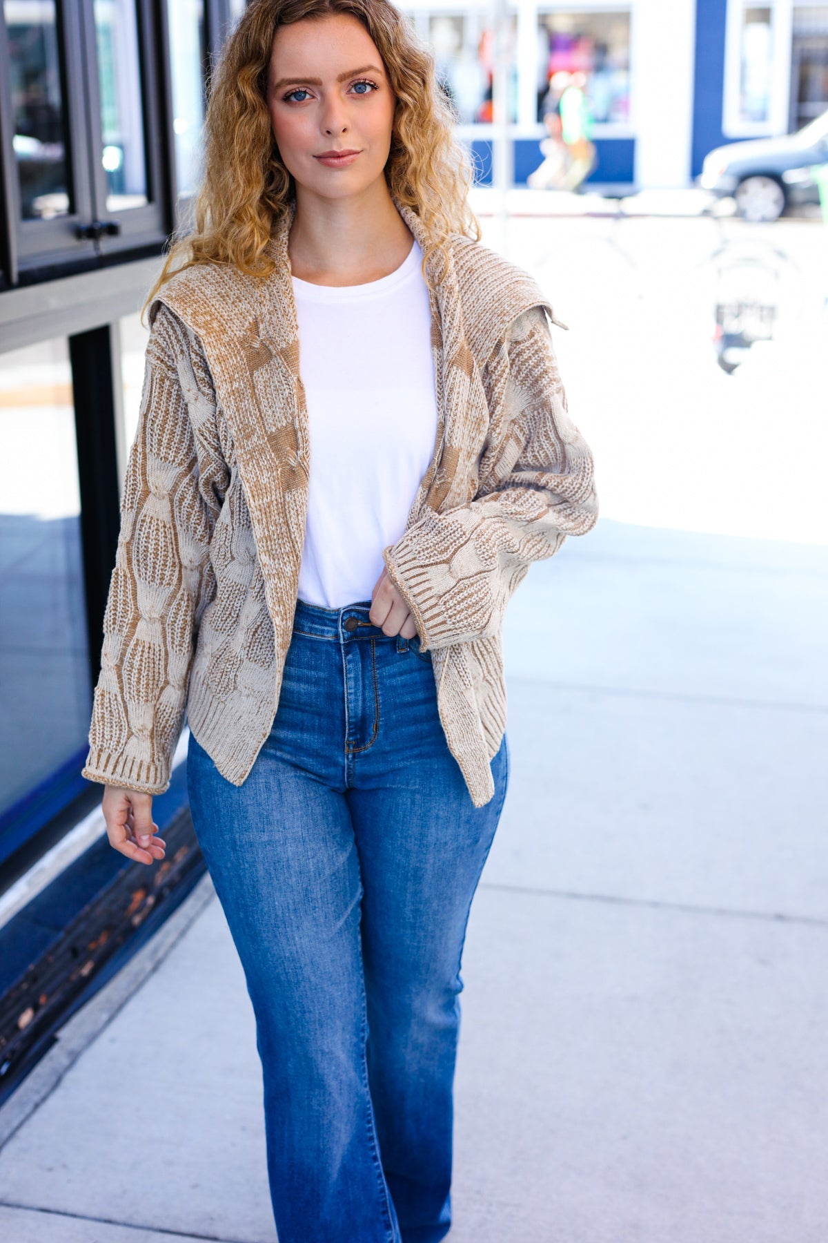 Autumn Vibes Taupe Textured Cable Knit Collared Cardigan