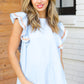 Chambray Embroidered Flutter Sleeve Top