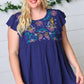 Navy Floral Embroidered Flutter Sleeve Top