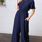 Dark Blue Smocked Waist Notch Neck Crepe Jumpsuit