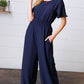 Dark Blue Smocked Waist Notch Neck Crepe Jumpsuit