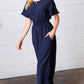 Dark Blue Smocked Waist Notch Neck Crepe Jumpsuit