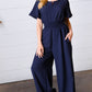 Dark Blue Smocked Waist Notch Neck Crepe Jumpsuit