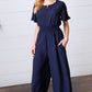 Dark Blue Smocked Waist Notch Neck Crepe Jumpsuit