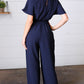 Dark Blue Smocked Waist Notch Neck Crepe Jumpsuit