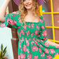 Sumptuous In Smocked Green & Coral Flower Print Babydoll Top