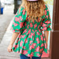 Sumptuous In Smocked Green & Coral Flower Print Babydoll Top