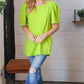 Neon Green Round Neck Puff Sleeve Crepe Top