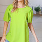 Neon Green Round Neck Puff Sleeve Crepe Top