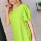 Neon Green Round Neck Puff Sleeve Crepe Top