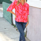 New Day Red Ribbon Bow Detail Floral Woven Blouse