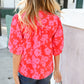 New Day Red Ribbon Bow Detail Floral Woven Blouse