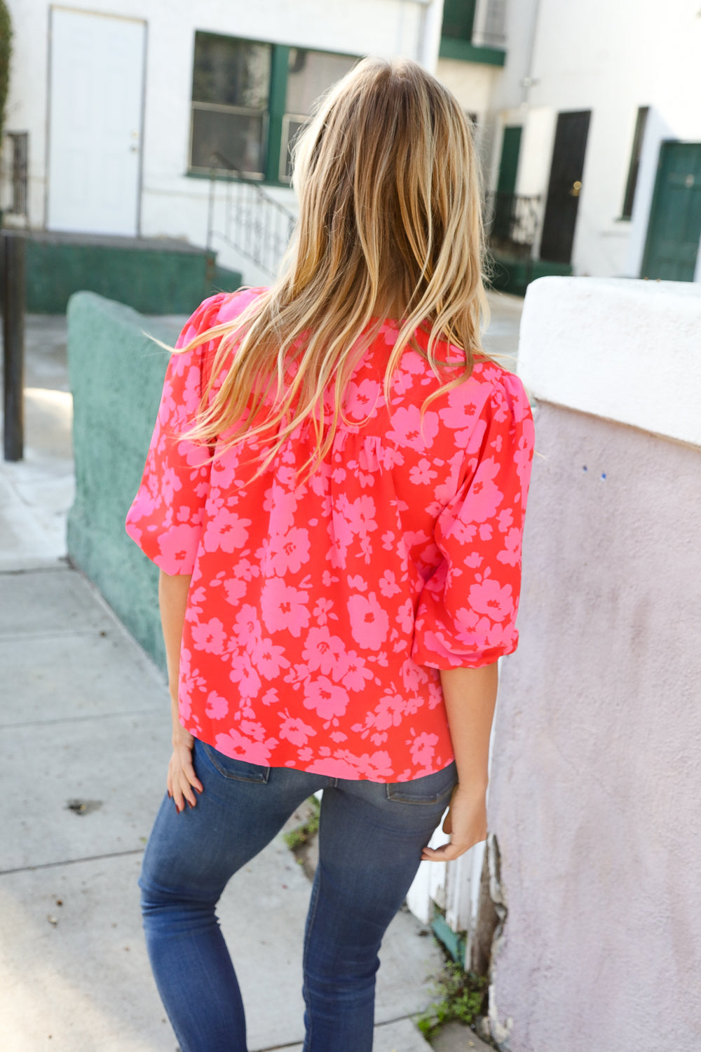 New Day Red Ribbon Bow Detail Floral Woven Blouse