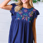 Navy Floral Embroidered Flutter Sleeve Top