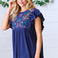 Navy Floral Embroidered Flutter Sleeve Top