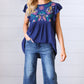 Navy Floral Embroidered Flutter Sleeve Top