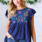 Navy Floral Embroidered Flutter Sleeve Top