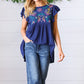 Navy Floral Embroidered Flutter Sleeve Top