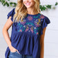 Navy Floral Embroidered Flutter Sleeve Top