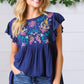 Navy Floral Embroidered Flutter Sleeve Top