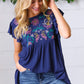 Navy Floral Embroidered Flutter Sleeve Top