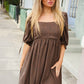 Find Love Chocolate Animal Square Neck Tie Back Babydoll Dress