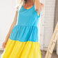 Blue Flare Color Block Tiered Woven Dress