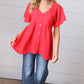 Cherry Red Babydoll Button Down Raglan Woven Top