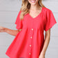 Cherry Red Babydoll Button Down Raglan Woven Top