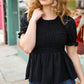 All For You Black Smocked Peplum Puff Sleeve Top