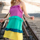 Fuchsia Shoulder Strap Color Block Tiered Ruffle Dress