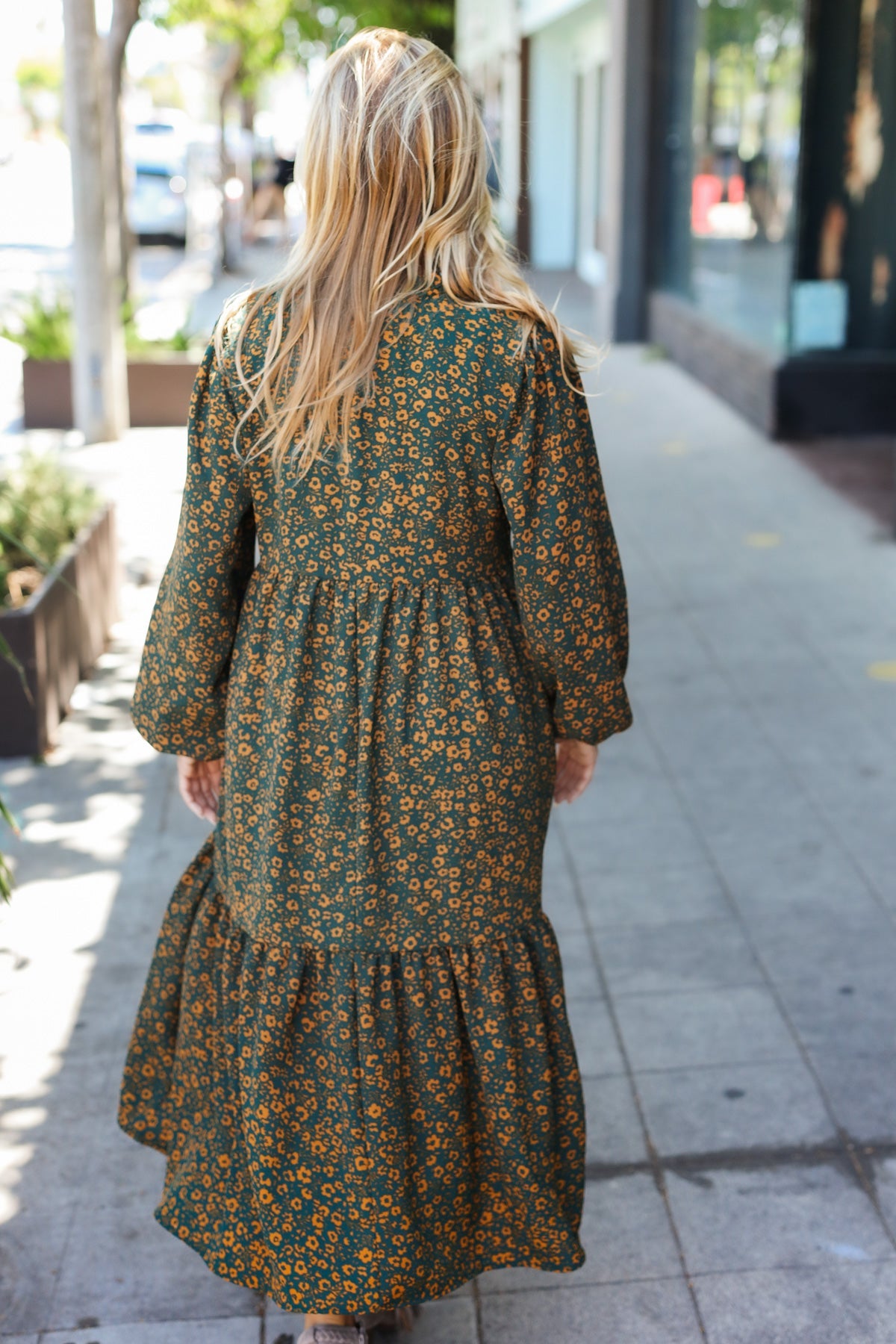 Beautiful You Hunter Green Floral Print Notched Neck Tiered Maxi Dress