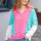 Stand Out Hot Pink & Mint V Neck Collared Terry Color Block Top