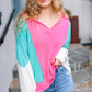 Stand Out Hot Pink & Mint V Neck Collared Terry Color Block Top