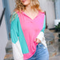 Stand Out Hot Pink & Mint V Neck Collared Terry Color Block Top