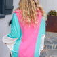 Stand Out Hot Pink & Mint V Neck Collared Terry Color Block Top