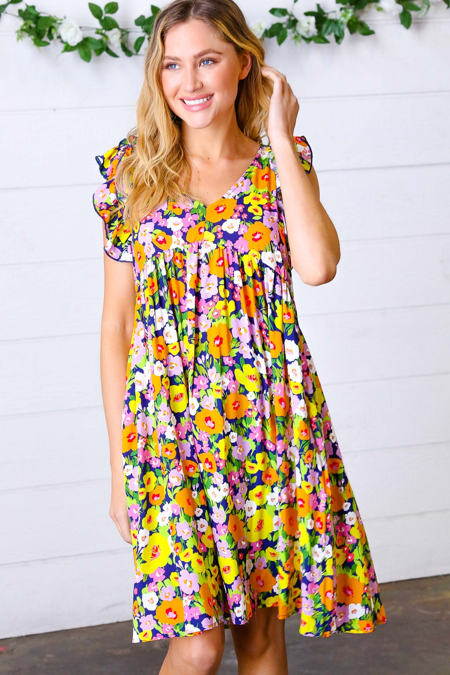 Indigo & Lemon Floral Babydoll Ruffle Dress